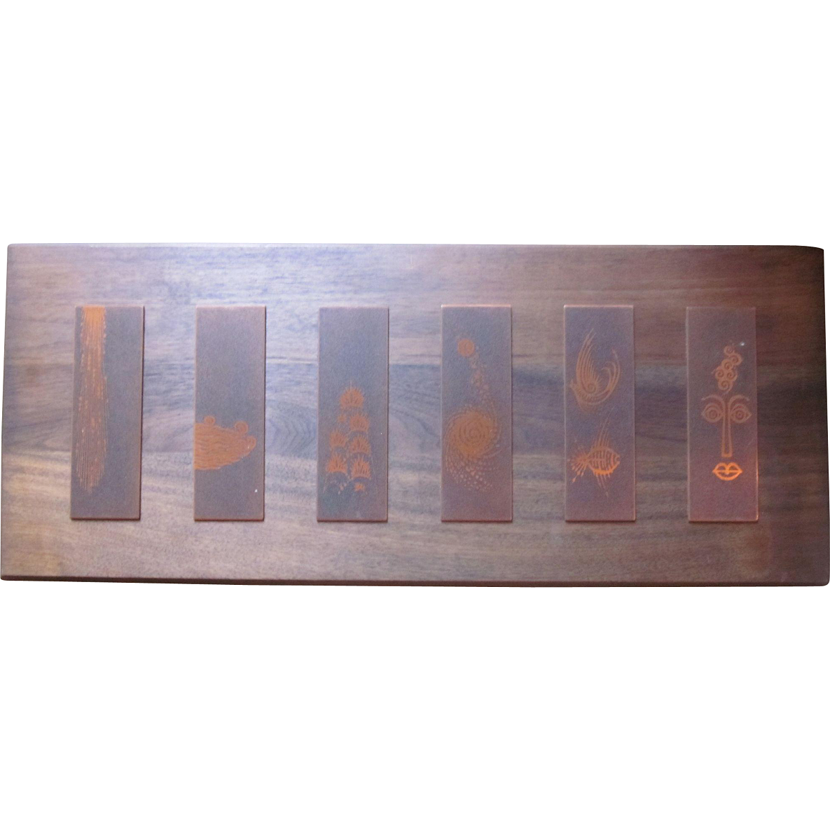 Mcm Engraved Copper Plaque Mounted On Wood Art Modernism